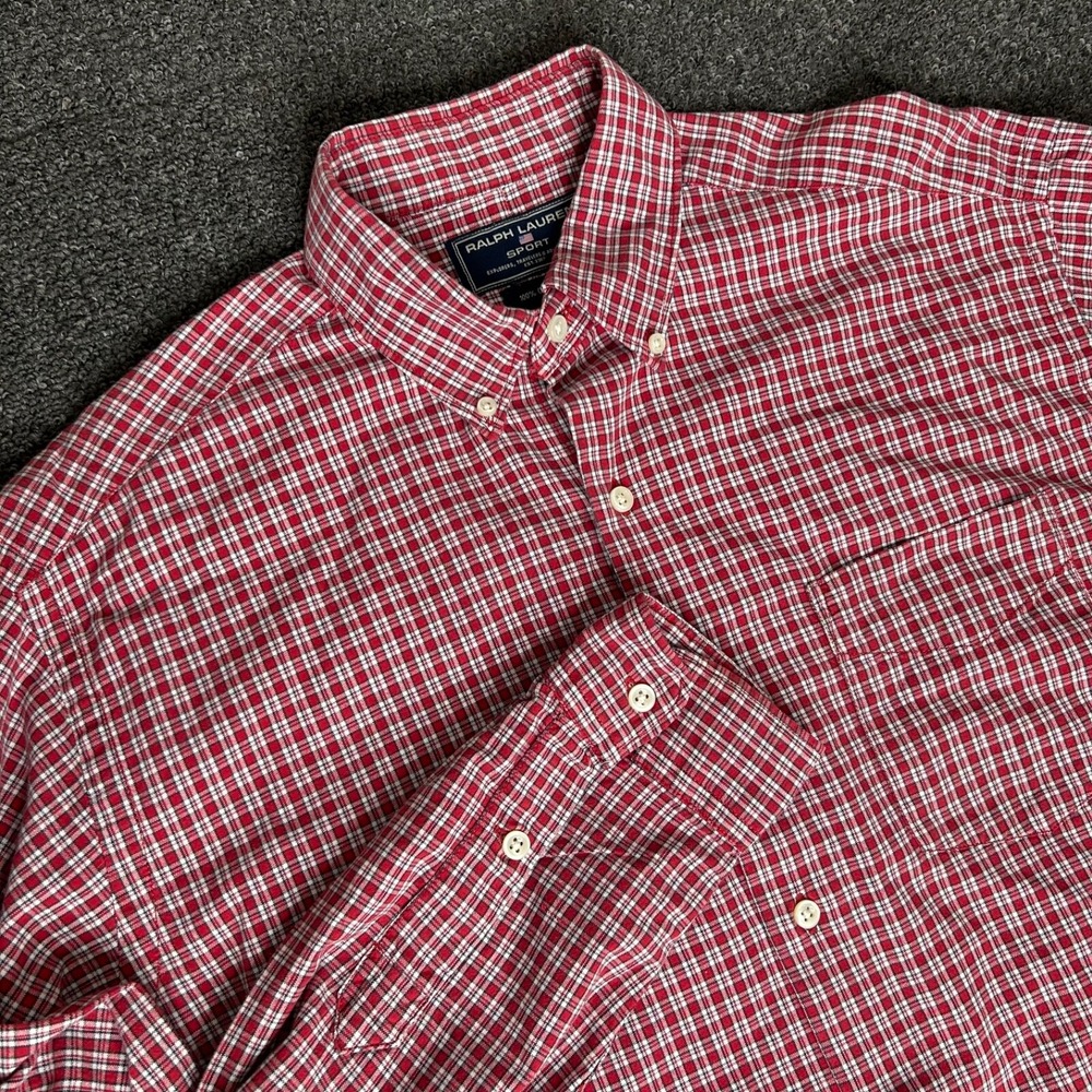 Ralph Lauren Sport Shirt Red Mens L Gingham Plaid‎ Long Sleeve Oxford